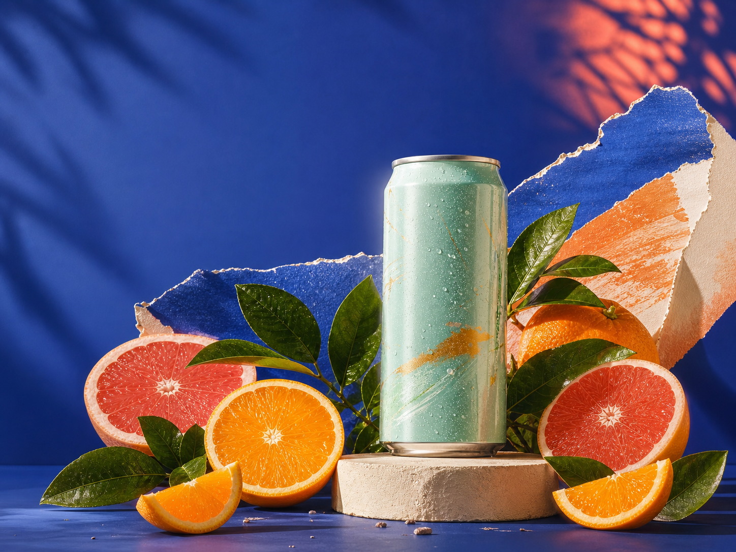 AI-generated citrus campaign media with a bold indigo background and centered product composition