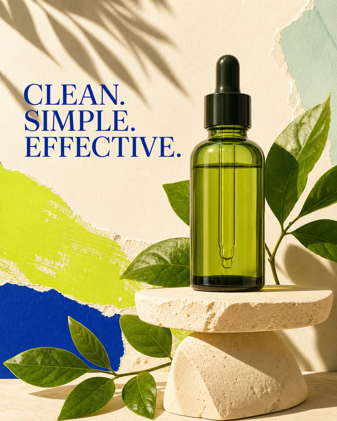 A clean skincare product campaign with an editable copy field