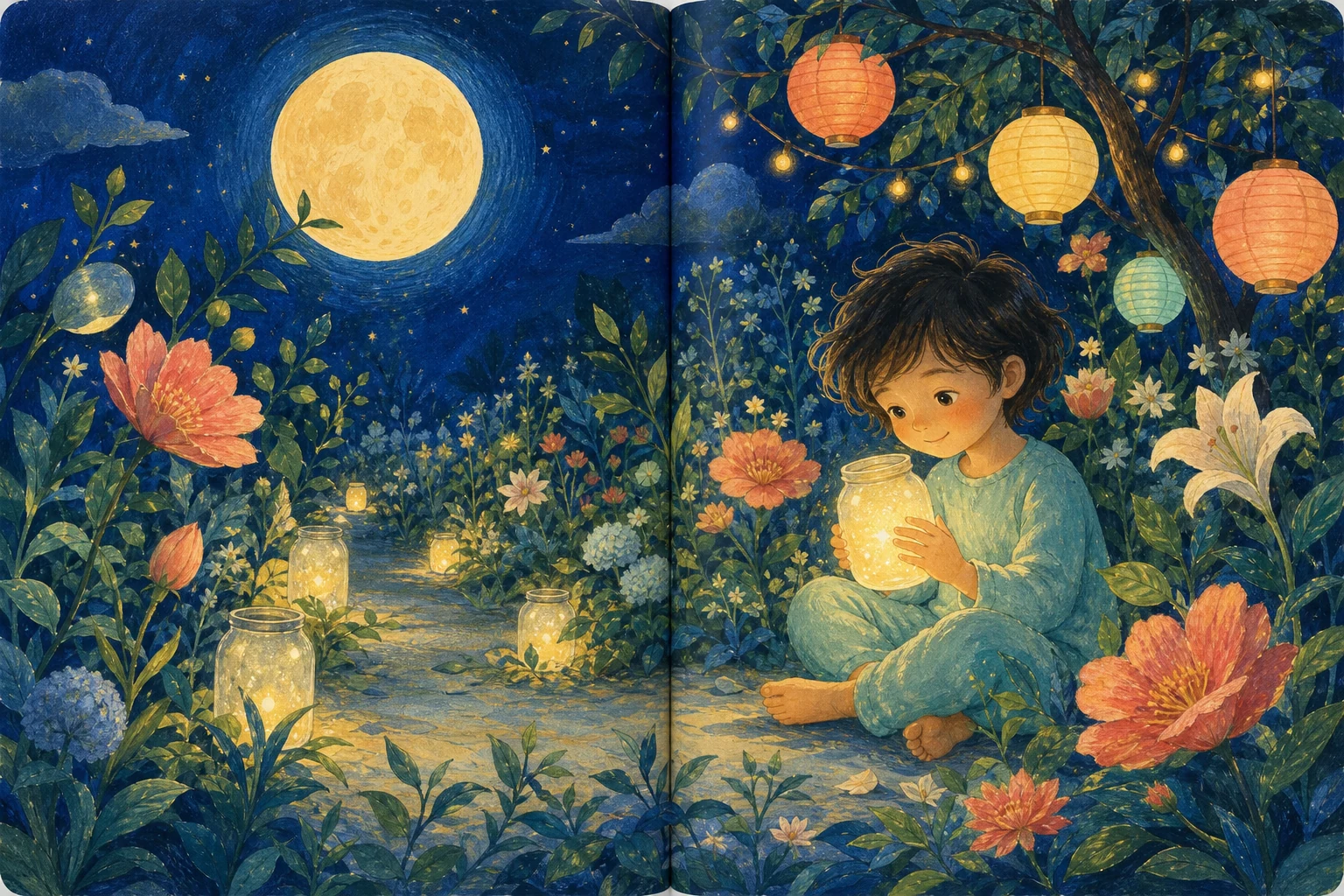 An illustrated moon garden storybook spread