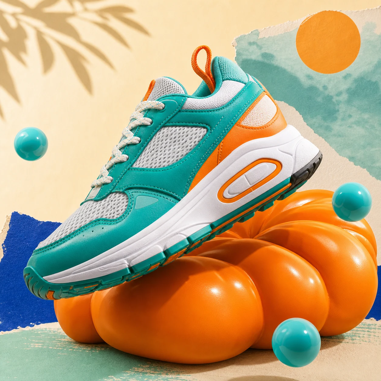 An unbranded teal running shoe on a warm orange sculptural set